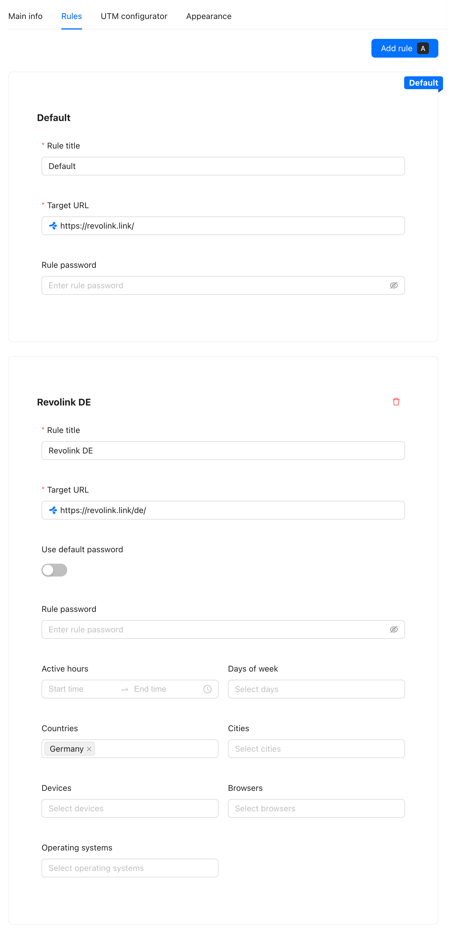 Rules tab with Default rule and a routing rule
