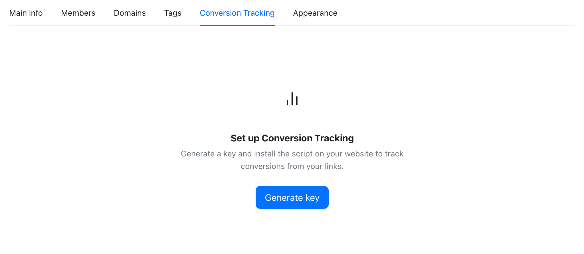 Conversion Tracking — empty state with Generate key button