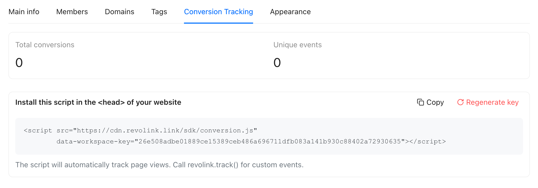 Conversion Tracking — script snippet and HMAC Secret after key generation