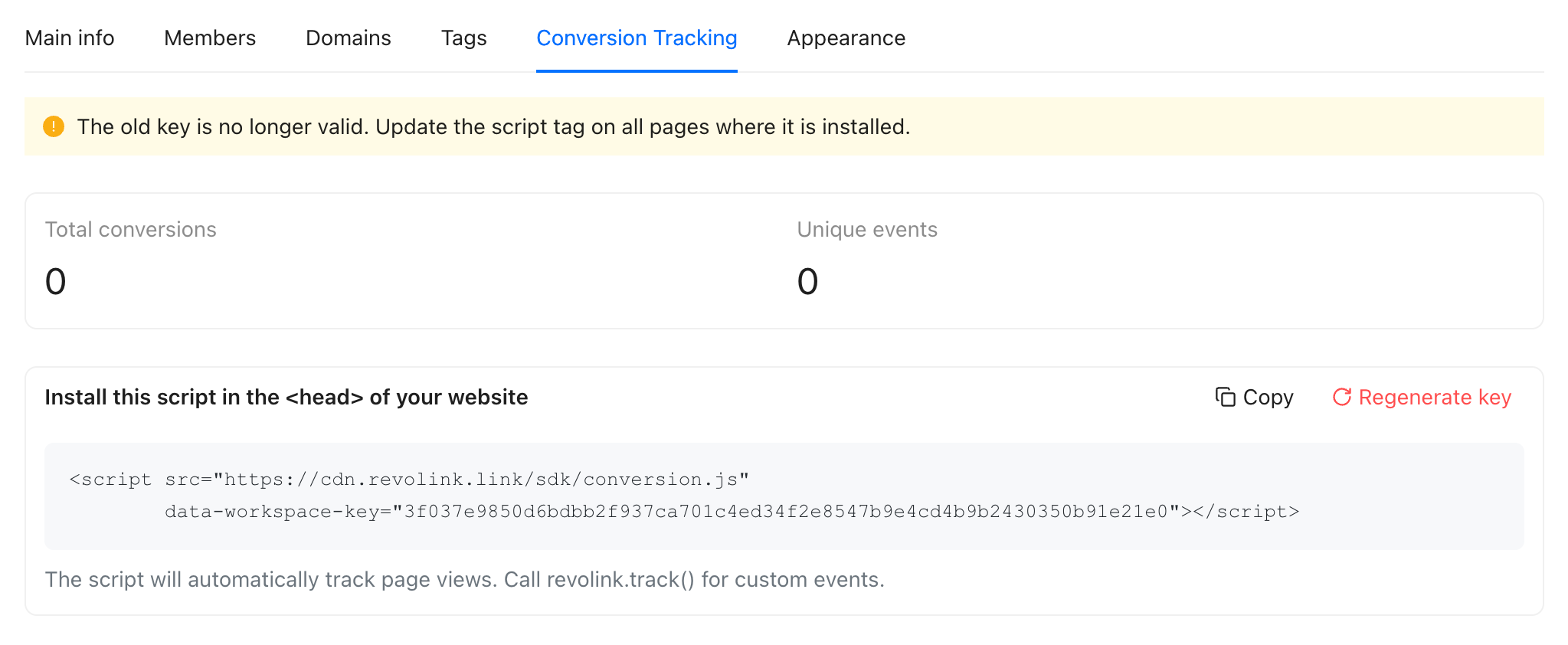 Conversion Tracking — Regenerate key button and warning banner